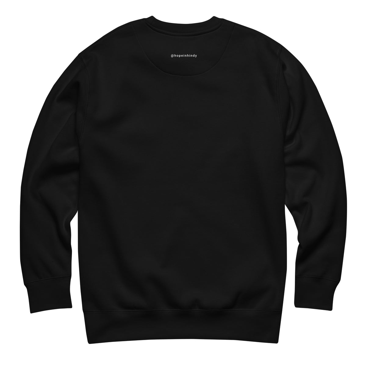 Back of the black HOPE sweatshirt with the @hopeinhindy label printed on the outside label