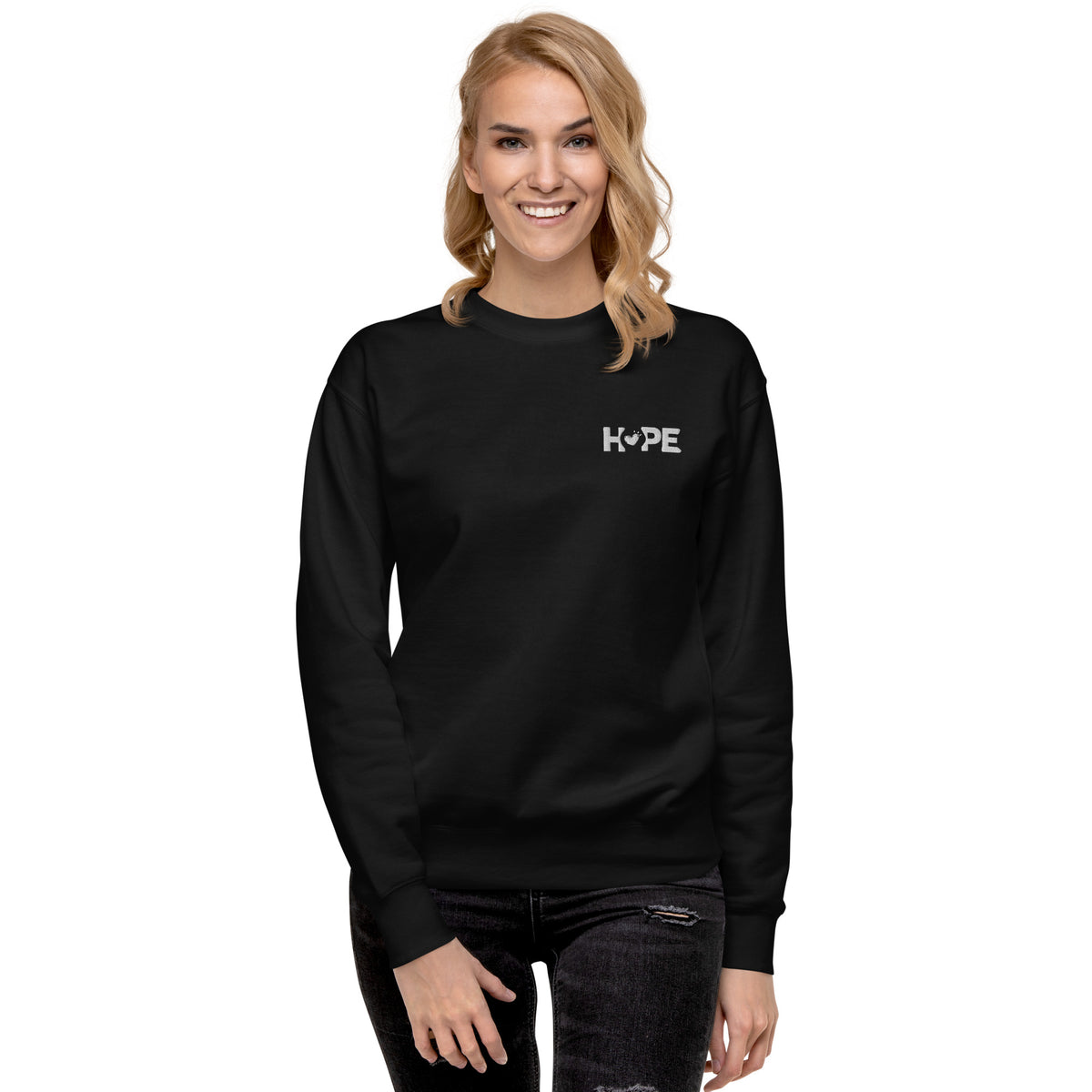 Black HOPE sweatshirt with the HOPE logo embroidered on the front