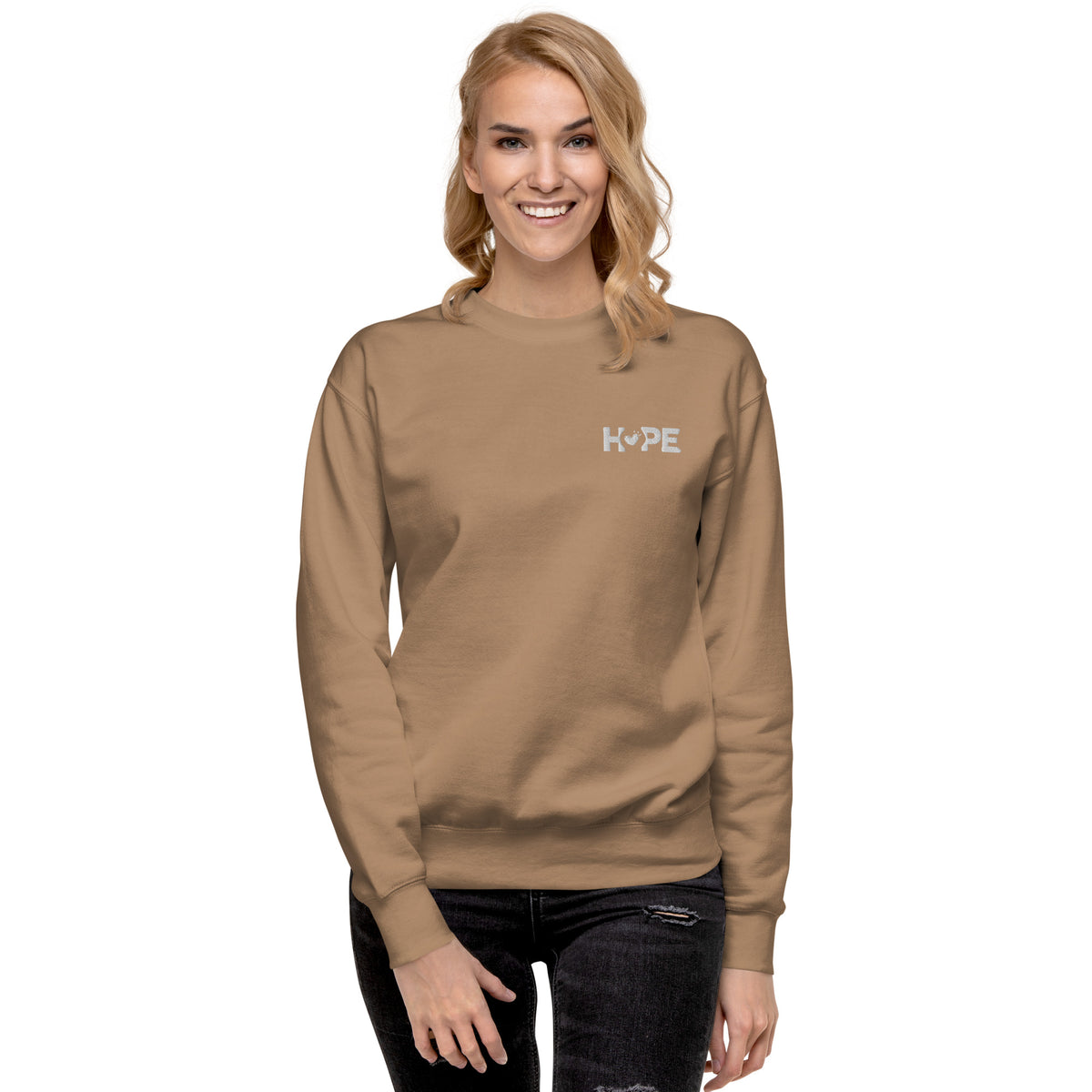 Latte HOPE sweatshirt with the HOPE logo embroidered on the front
